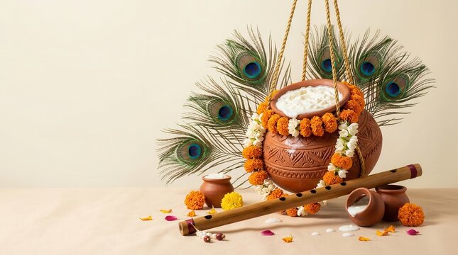 Decorative Janmashtami background with hanging earthen dahi handi, flute, and peacock feathers.