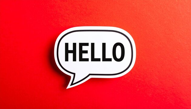Bold Hello Text in Black Capital Letters Inside White Speech Bubble with Black Outline on Bright Red Background Representing Greeting Introduction and Communication
