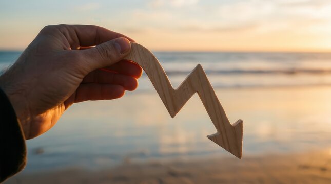 Economic loss and market recession concept with a wooden downward arrow held at the beach during sunset.