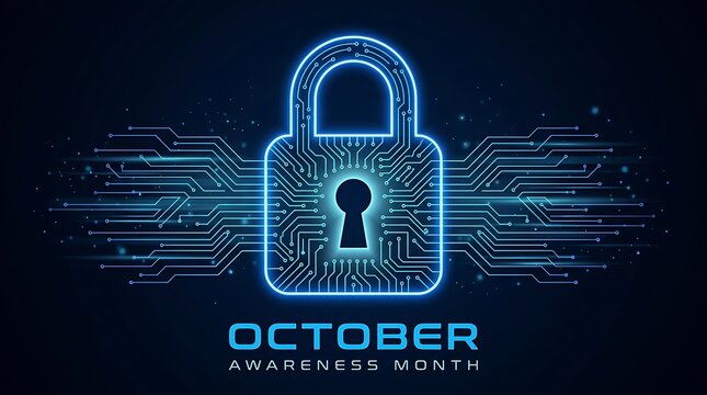 Cybersecurity awareness month in october with digital lock glowing on abstract circuit board background blue neon lights for data protection concept.