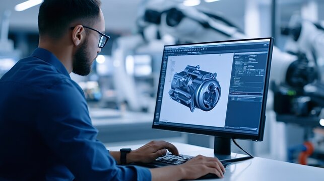 Young male engineer developing new product components with advanced computer aided design software on a desktop monitor in a high tech manufacturing facility
