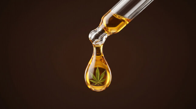 Golden liquid dripping from pipette into dark background for pharmaceutical or supplement product shot