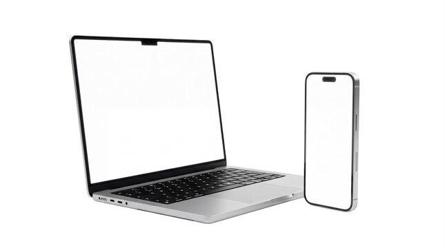 Modern laptop and smartphone mockup. Blank white screens isolated on white background. Digital device presentation for web development and UI design.