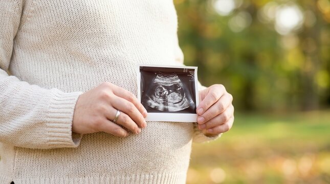 Expecting mother showing baby sonogram photo outdoors during fall season.