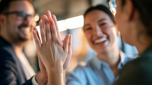 Young multiethnic creative team huddling and giving high fives together in an office workshop, success, empowerment, teamwork, marketing collaboration, with copy space