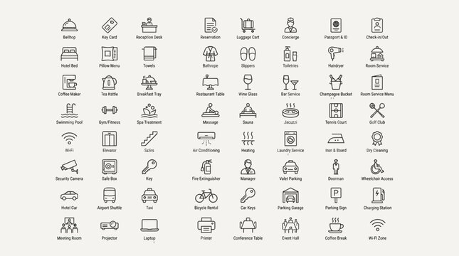 Hotel and hospitality line icon set with reception room service and travel amenities vector