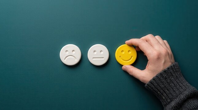 Hand Choosing Yellow Happy Smiley Face Icon for Customer Satisfaction Feedback Concept