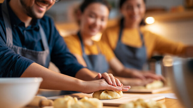 Coworkers participating in an autumn baking team building workshop in a culinary kitchen, cooking class, seasonal corporate activity, culinary teamwork, with copy space