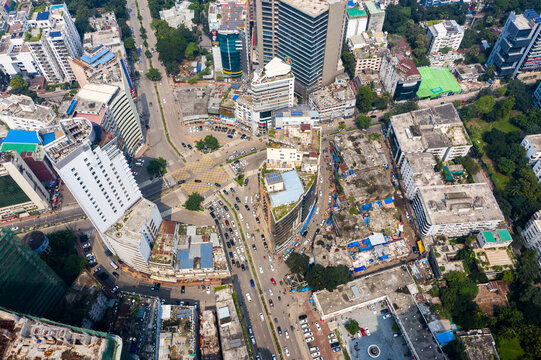 Aerial view of Gulshan 2 roundabout featuring modern high-rise buildings, busy traffic, and urban infrastructure in Dhaka, Dhaka Division, Bangladesh.