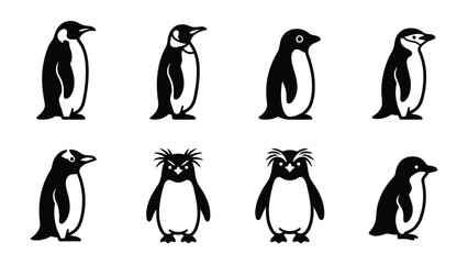 Fototapeta premium Various Penguin Illustration: A collection of eight simple, stylized illustrations depicting different species of penguins, showcased against a plain background.