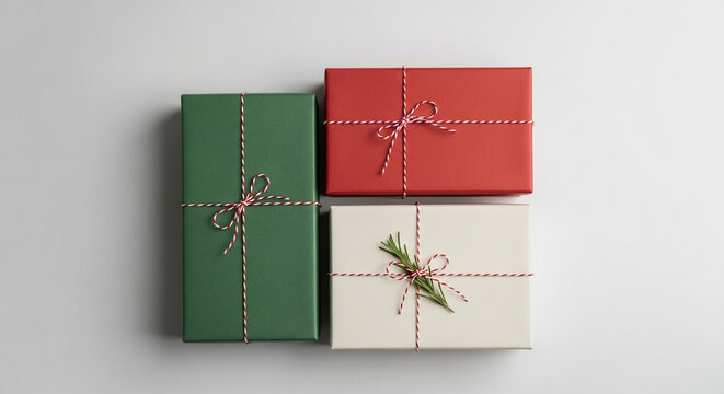 Festive seasonal presents wrapped in traditional red green and white packaging materials are arranged neatly together for winter holiday celebrations and cheerful family moments