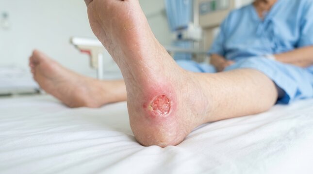Medical view of a pressure ulcer on the heel of a senior patient.
