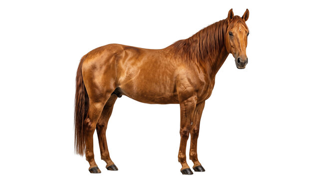Bright chestnut horse stands sideways against a clean transparent background highlighting its reddish coat.