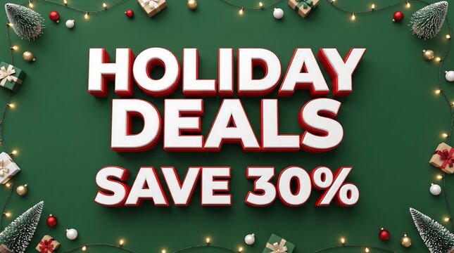 Holiday deals sale 30 percent off 3D graphic banner with green background and Christmas decorations