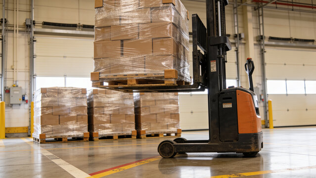 Electric pallet jack lifting a shrink wrapped pallet of boxes in a bright warehouse loading area, stacked pallets and material handling for logistics and distribution.