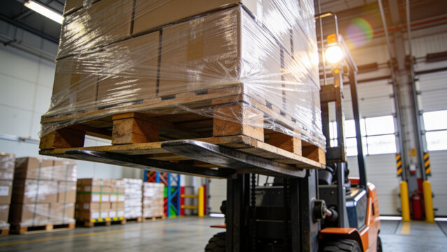 Forklift lifting a shrink wrapped pallet in a bright warehouse, logistics and inventory handling concept for shipping, storage and supply chain operations.