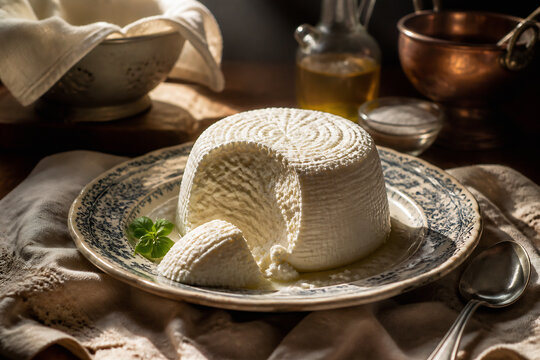 A bowl of homemade ricotta cheese rests on a patterned plate, set on a draped cloth in dim lighting.