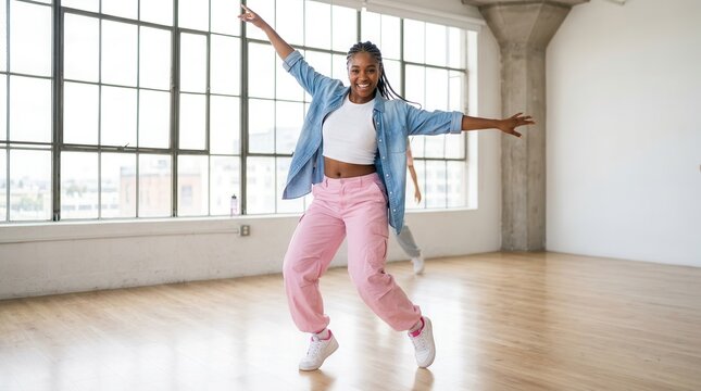 Young woman performing hip-hop dance moves in colorful urban streetwear.