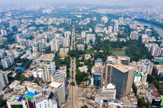 Aerial view of the Gulshan 2 area featuring dense urban development, modern high-rise buildings, green spaces, and busy streets in Dhaka, Dhaka Division, Bangladesh.
