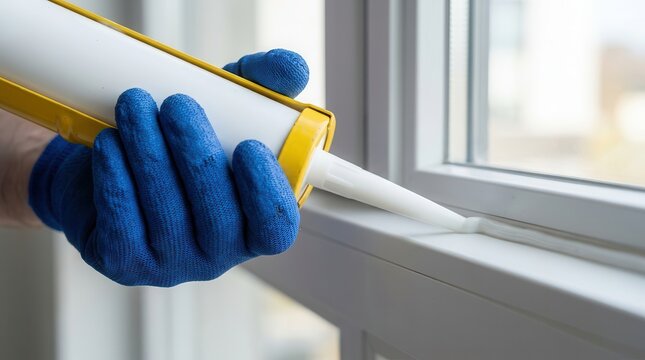 Hand in a blue glove applying waterproof silicone sealant to a window frame.