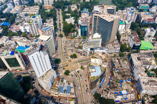 Aerial view of the busy Gulshan 2 intersection in Dhaka, featuring high-rise commercial buildings, dense urban traffic, and city streets in Dhaka, Dhaka Division, Bangladesh.