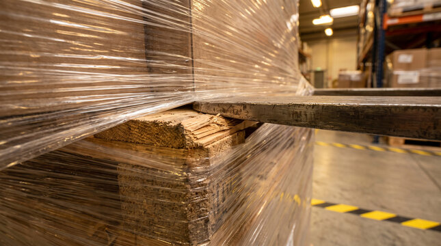 Close up of a shrink wrapped pallet on a warehouse floor, showing pallet wood, stretch film and a forklift tine in an industrial storage setting for logistics or inventory visuals.