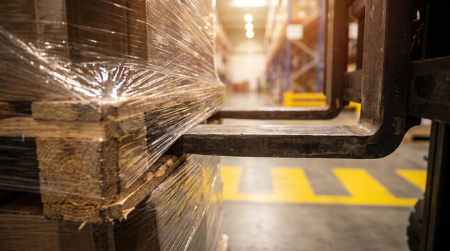 Forklift forks inserted under a shrink wrapped pallet in a busy warehouse aisle, logistics and material handling operation with shelving and marked floor lanes.