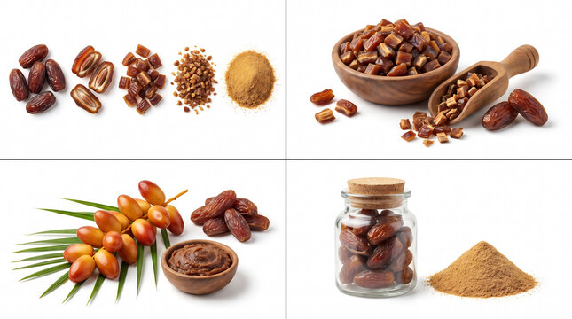 Dried date fruit collection, organic dates in wooden bowl and glass jar, sweet palm fruit ingredients for healthy cooking and baking