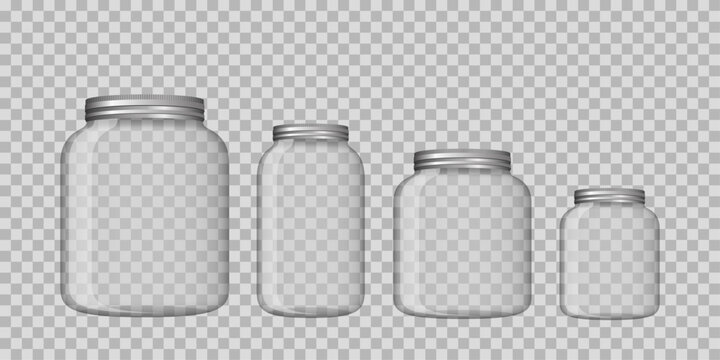 Four empty glass mason jars with silver lids on transparent background