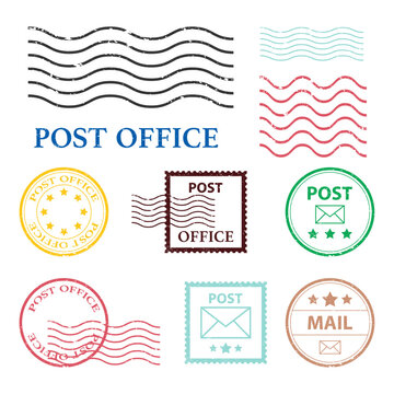 Collection of colorful post office stamps and wavy lines vector illustration