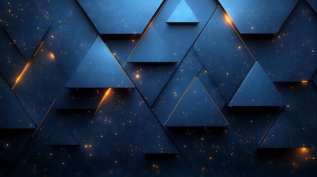 A dark blue geometric pattern of interlocking triangles features golden light and sparkling dust against a textured surface