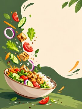 Grilled Tofu Style Rice Bowl with Fresh Vegetables and Salad