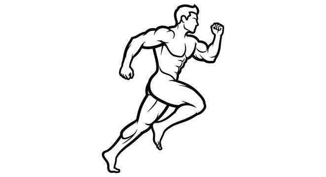 Line art illustration depicts a muscular man running in a dynamic pose
