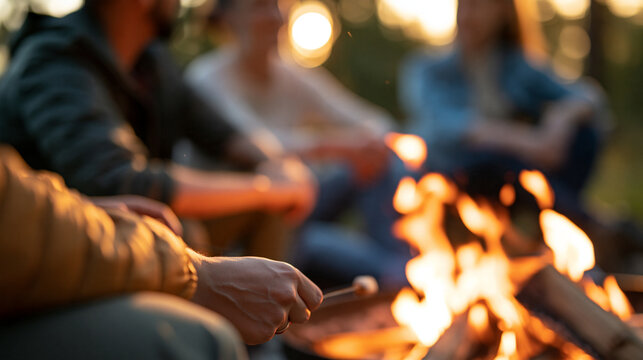 Young team sitting together by a campfire in nature, outdoor team building retreat, bonding, relaxation, adventure teamwork, with copy space