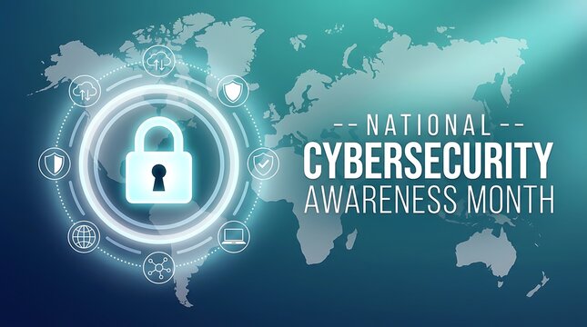 National cybersecurity awareness month graphic template featuring central glowing lock and secure data network icons on abstract global map background for presentation.