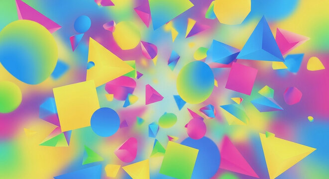 Vibrant three dimensional geometric figures float dynamically across a rich chromatic spectrum creating an energetic atmosphere filled with floating polyhedrons and vibrant glowing hues