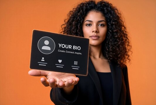 African american woman holding an illuminated screen showing a personal bio.