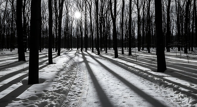 Black and white photo of long shadows cast by tall trees in snowy winter forest
