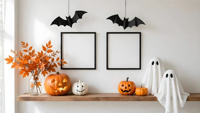 Mock up frame on the wall in a modern luxury minimalist living room with halloween decorations