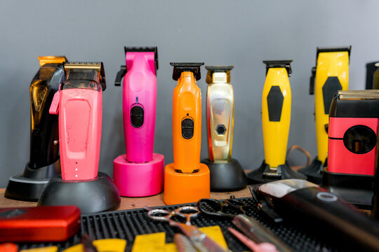 Colorful electric clipper collection in a barbershop
