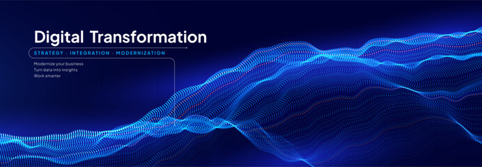 Fototapeta na wymiar Digital transformation banner with glowing blue particle waves and business strategy text. Abstract data flow and technology background. Vector illustration