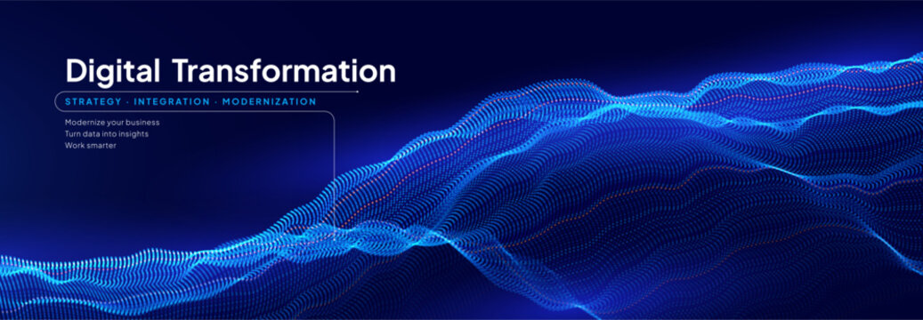 Digital transformation banner with glowing blue particle waves and business strategy text. Abstract data flow and technology background. Vector illustration
