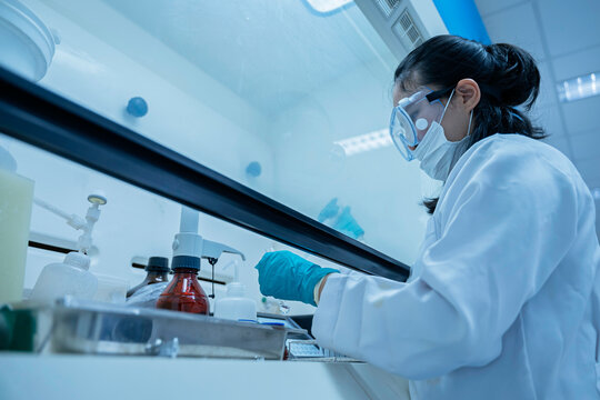 Female researcher handles toxic chemical samples inside a laboratory fume hood. Concept of chemical safety, hazardous substances, toxicology, scientific research, and exposure prevention.