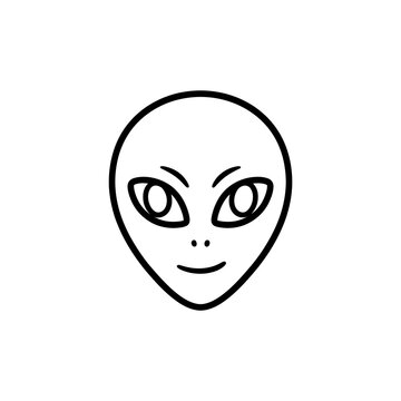 Minimalist alien face icon featuring simple black line art style for extraterrestrial life research sci-fi themes and space exploration design graphic projects.