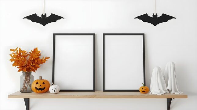 Mock up frame on the wall in a modern luxury minimalist living room with halloween decorations