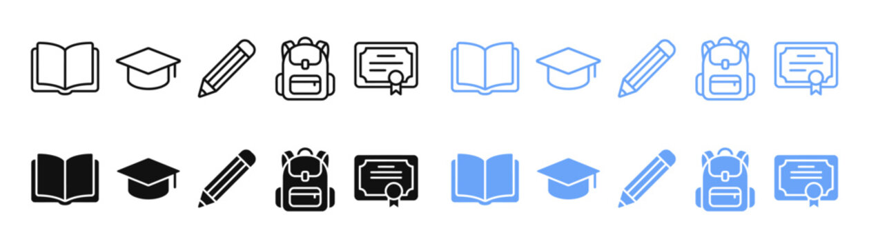 Education and school icons set with open book, graduation cap, pencil, backpack, and certificate symbols
