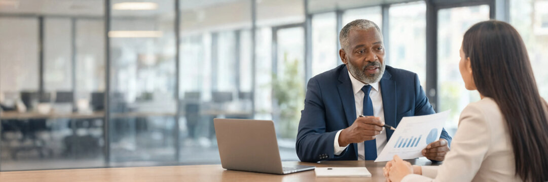 Senior businessman discusses financial charts with a young woman across a desk in a bright modern office, suggesting business advice and professional collaboration.
