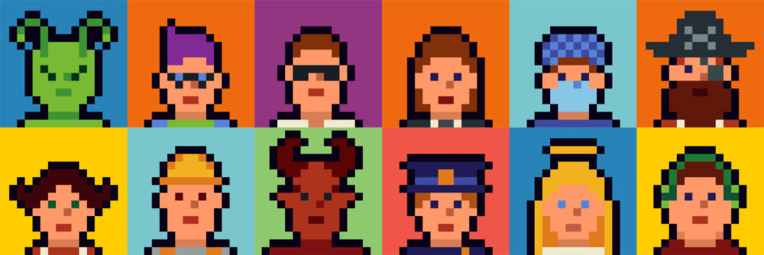 Pixel art avatar set in retro creative 8 bit game style. Diverse character portraits,gentleman, punk. Nostalgic gaming icons, fun retro tech aesthetic