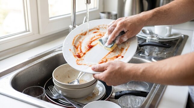 M&auml;nnerh&auml;nde waschen einen schmutzigen Teller mit einem Schwamm unter flie&szlig;endem Wasser in einer vollen K&uuml;chensp&uuml;le