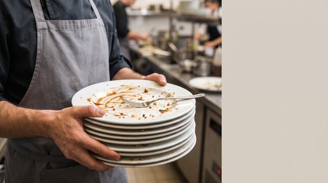 Trabalhador de avental segurando uma grande pilha de pratos sujos com restos de comida em uma cozinha comercial de restaurante